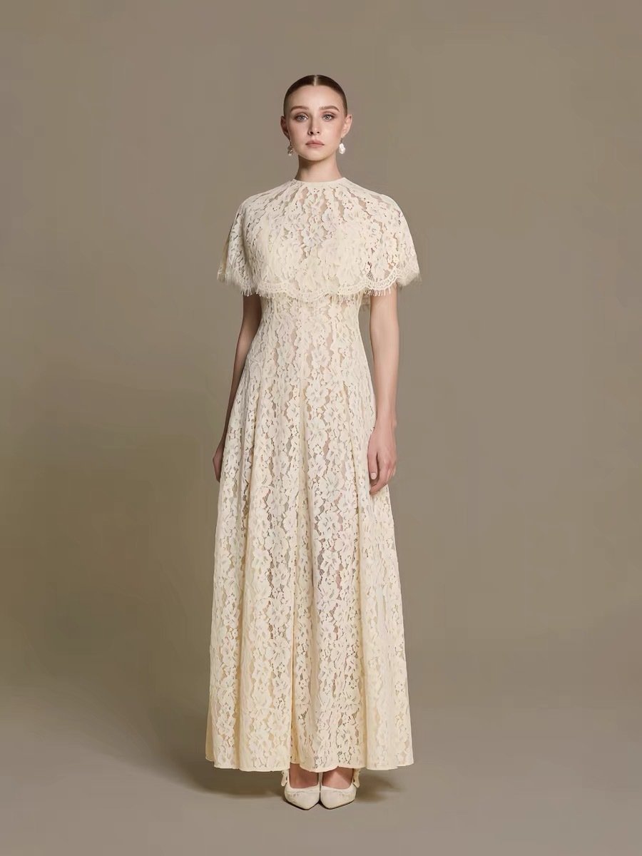 Romantic Floral Lace Maxi Dress with Cape Overlay