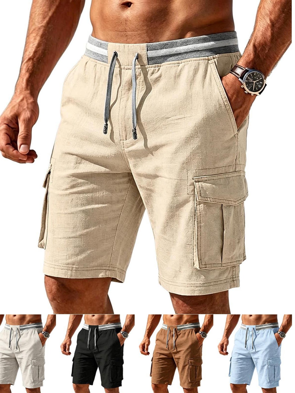 Men's Casual Work Shorts Cotton Linen Elastic Waist Drawstring