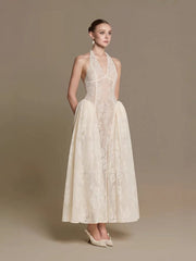 Vintage Floral Lace Halter Neck Bridal Dress