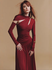 Deep Burgundy Asymmetric Maxi Evening Dress