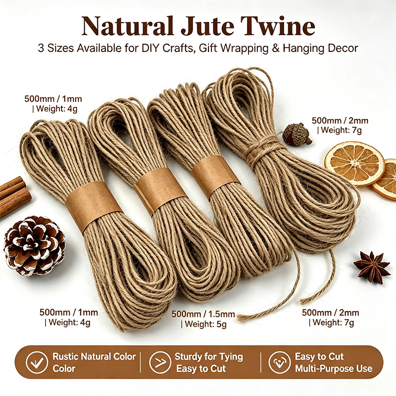 Rustic Jute Twine Set - 3 Sizes, 500mm DIY Craft Rope