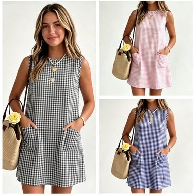 Plaid Sleeveless Dress with Pocket and Zipper