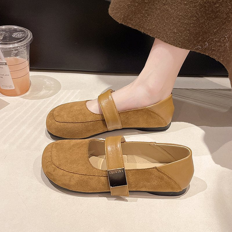 Elegant Korean Style Suede Ballet Flats with Metal Buckle