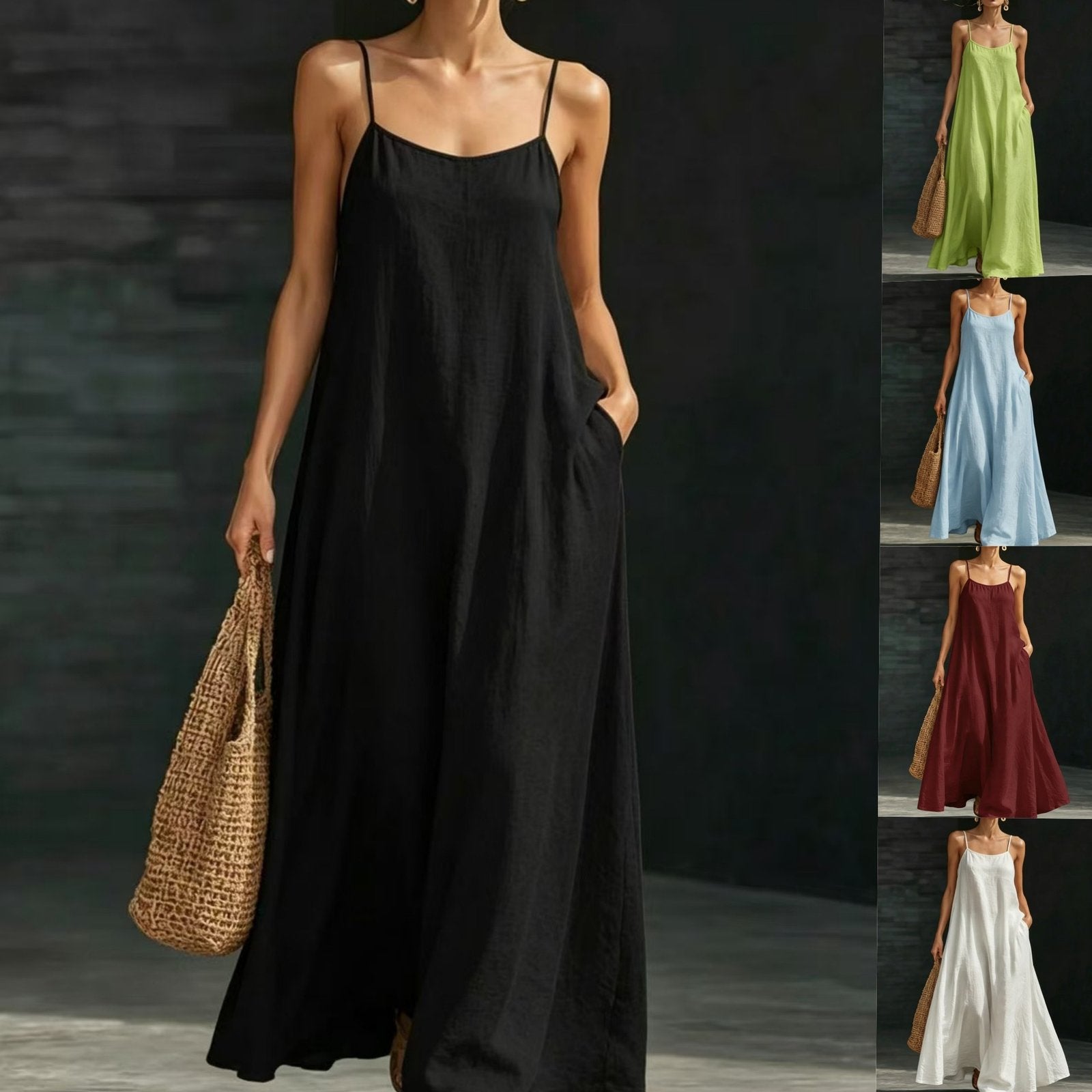 Beach Vacation Maxi Dress for Women, Loose Flowy Spaghetti Strap, Casual Holiday Style
