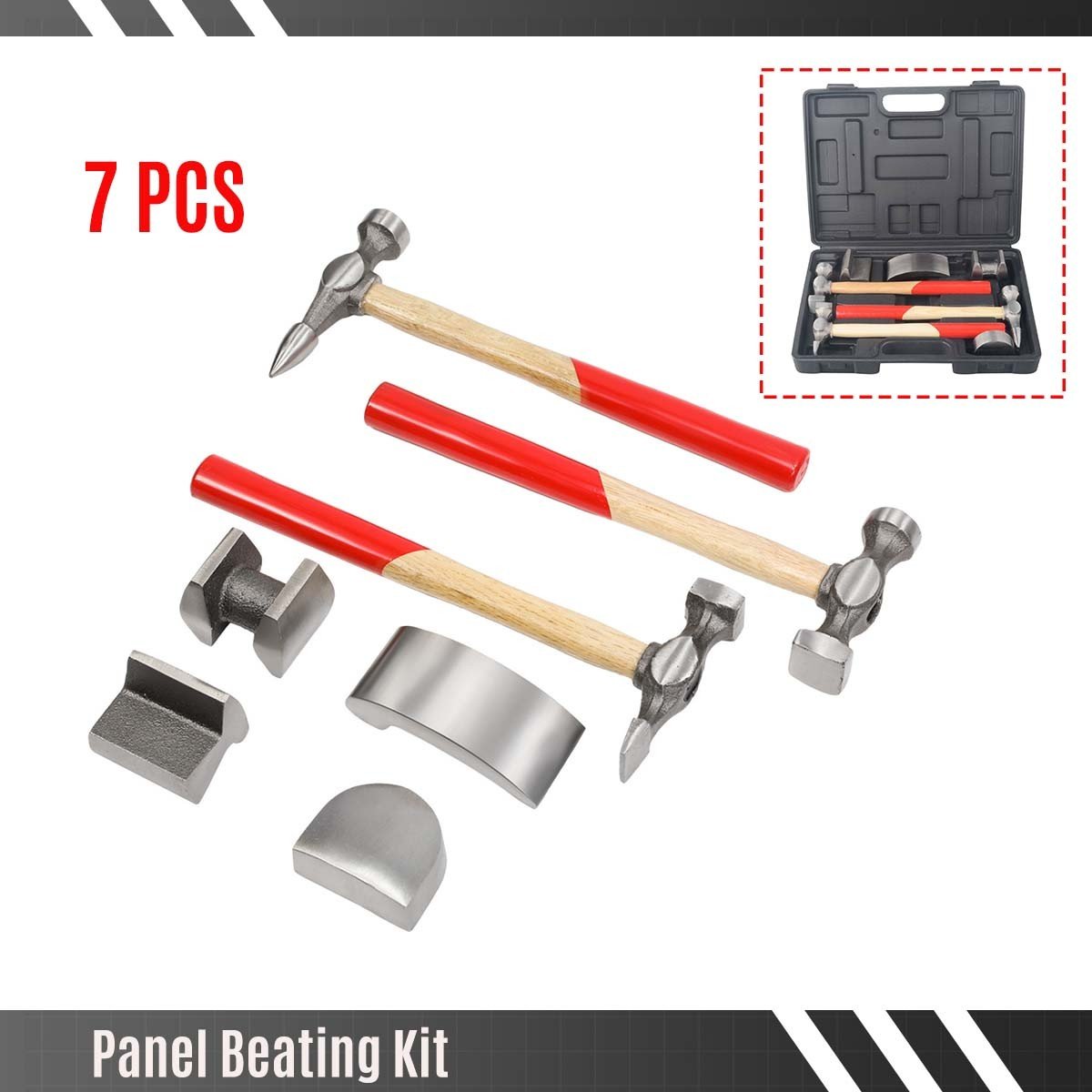 Auto Body Repair Kit - 7 Piece Panel Beating Hammer & Dolly Set