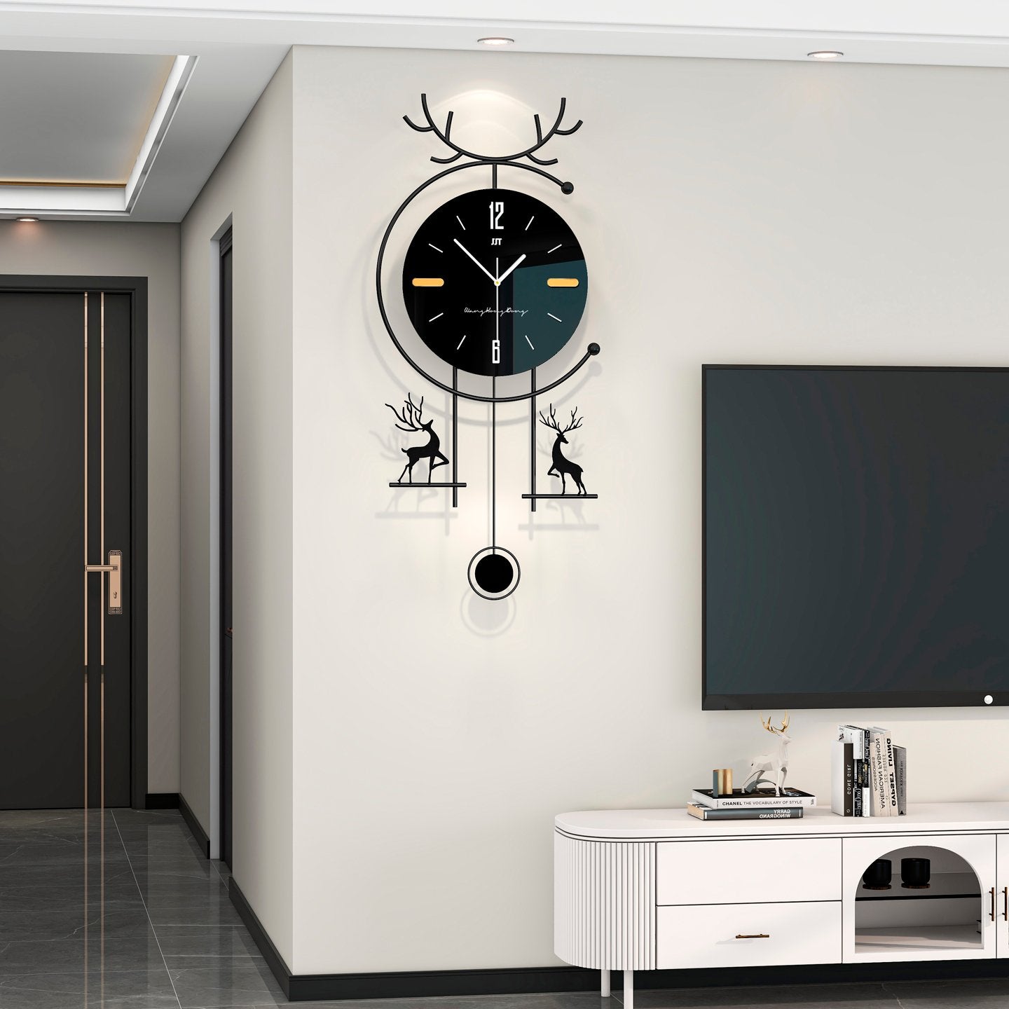 Modern Black Wall Clock with Deer Pendulum