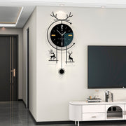 Modern Black Wall Clock with Deer Pendulum