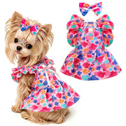 Cute Floral Dog Harness Dress Outfits with Bow & Leash D-Ring