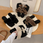 Leopard Print Faux Fur Slippers for Women