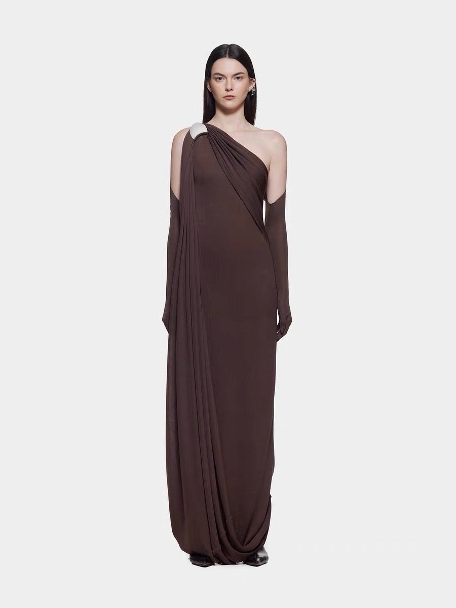 One-Shoulder Maxi Gown with Matching Gloves
