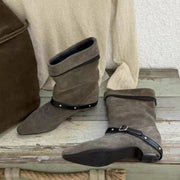 Vintage Suede Slouch Boots with Low Heel and Rivet Buckle Strap