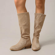 Matte High Calf Boots with Chunky Wood Grain Heel