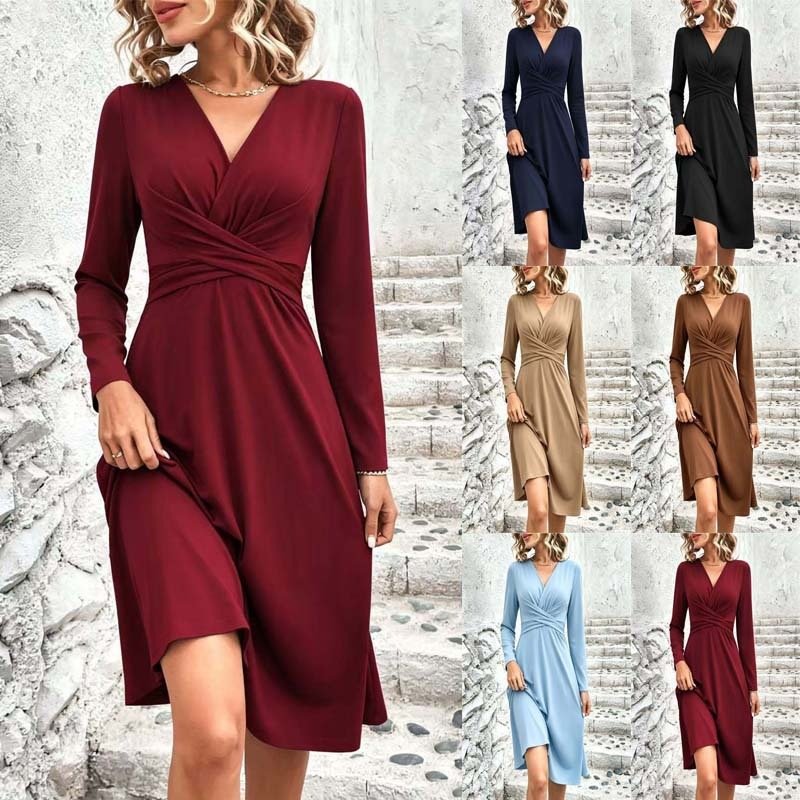 Pure Color V-Neck Long Dress for Women