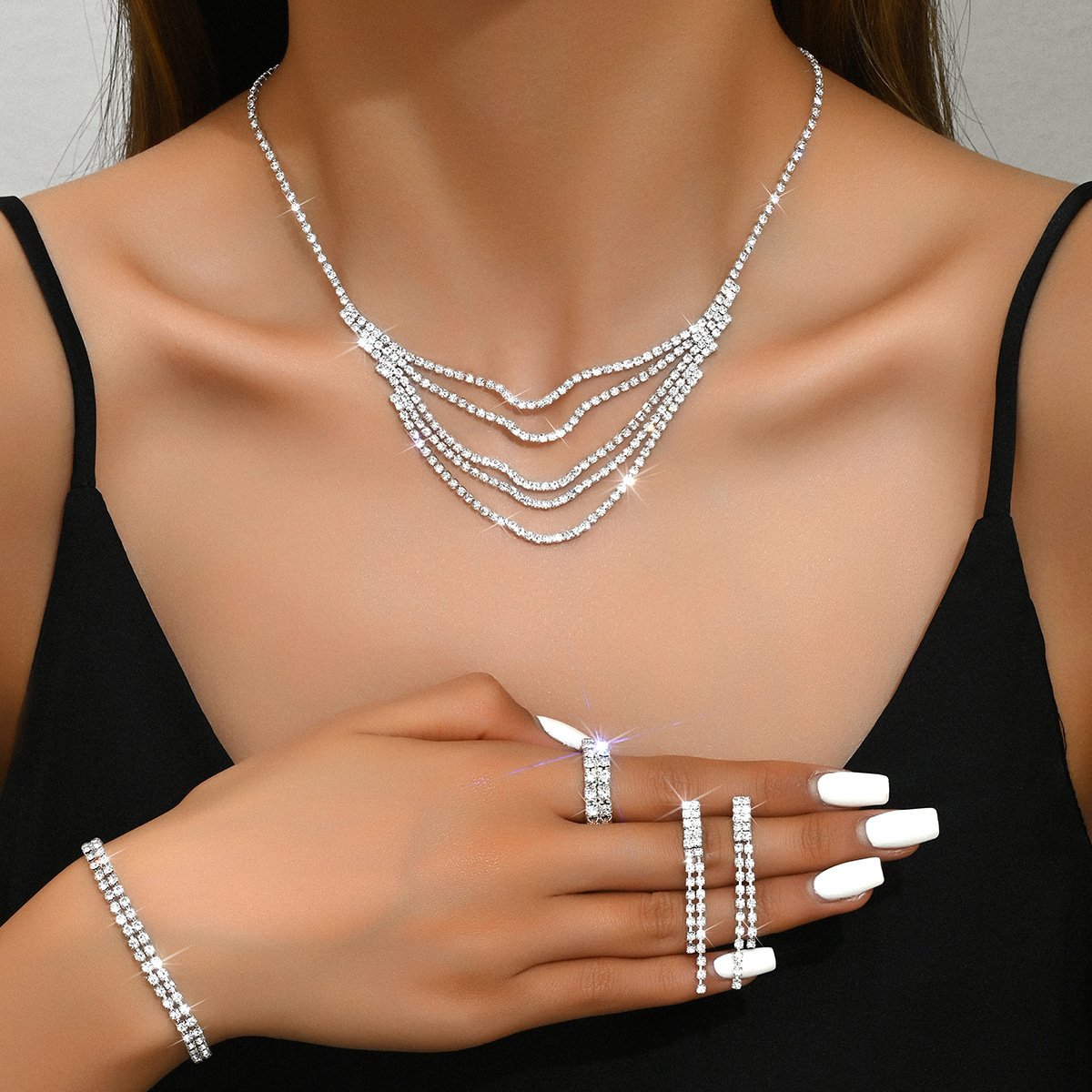 5-Piece Women's Party Jewelry Set - Claw Chain Tassel Necklace Earrings Ring Bracelet