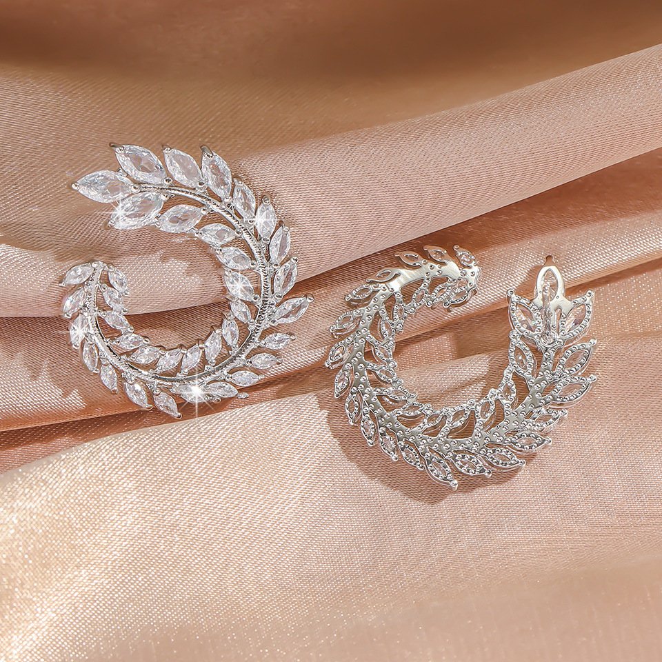 Silver C-Shaped Earrings with Zircon Diamond Accent