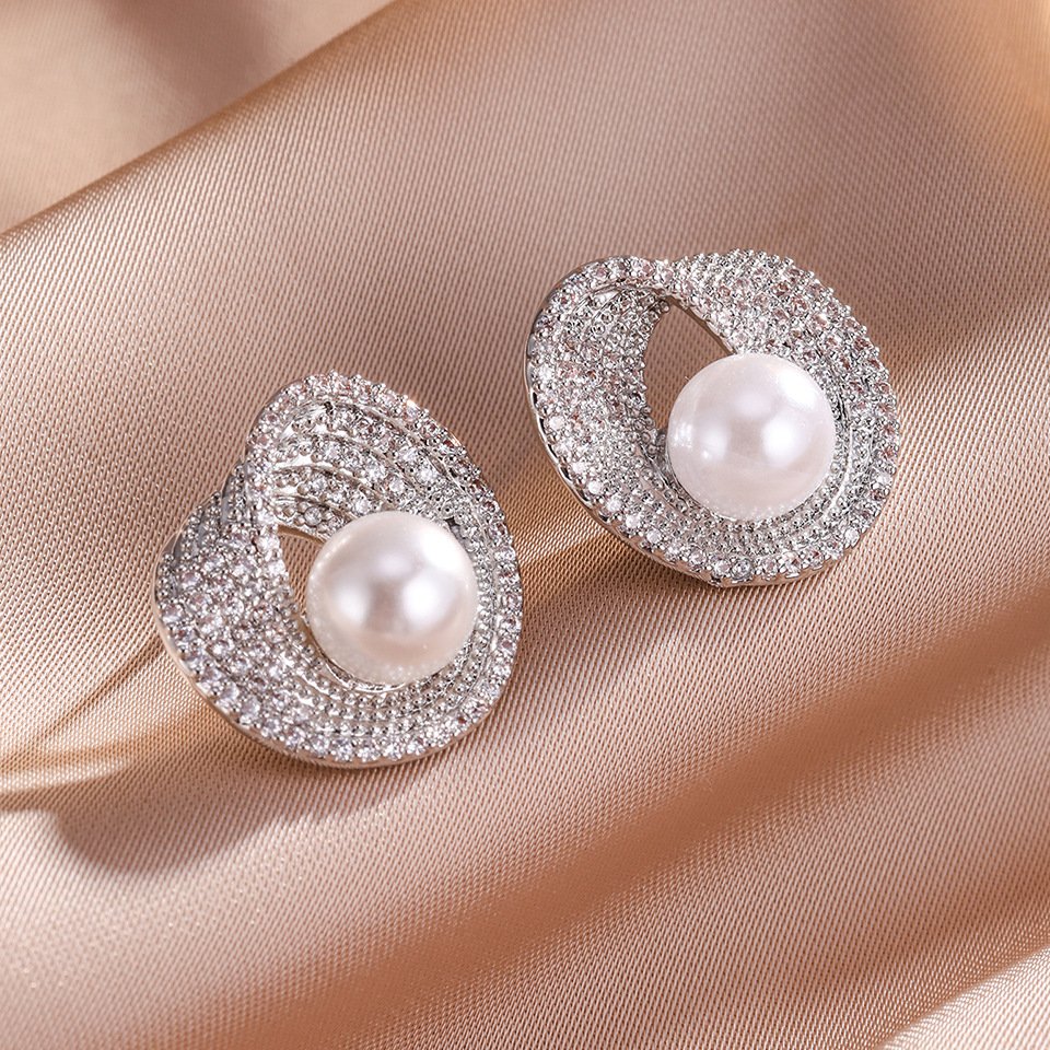 Delicate Diamond-Studded Pearl Stud Earrings