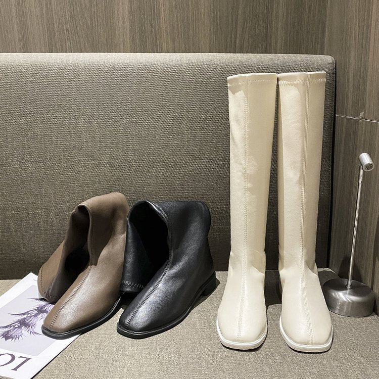 Women's Long Spring & Autumn High Boots, Square Toe, Low Heel, Waterproof