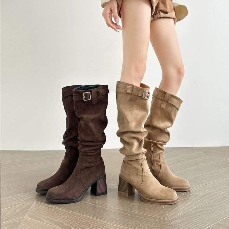Women's High Heeled Long Tube Boots - Stacked Fashion Boots for Spring & Autumn