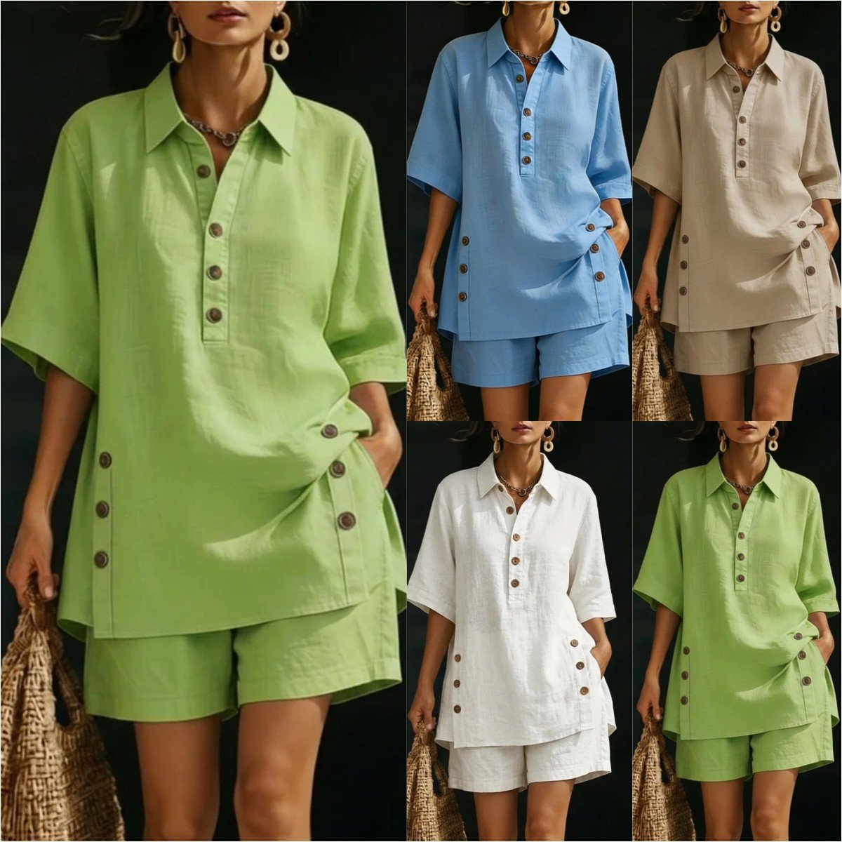 Autumn Summer Women's Short Sleeve Shirt Pant Set