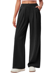 Wide Leg Work Pants for Women - High Waist Button Front Casual Dress Pants