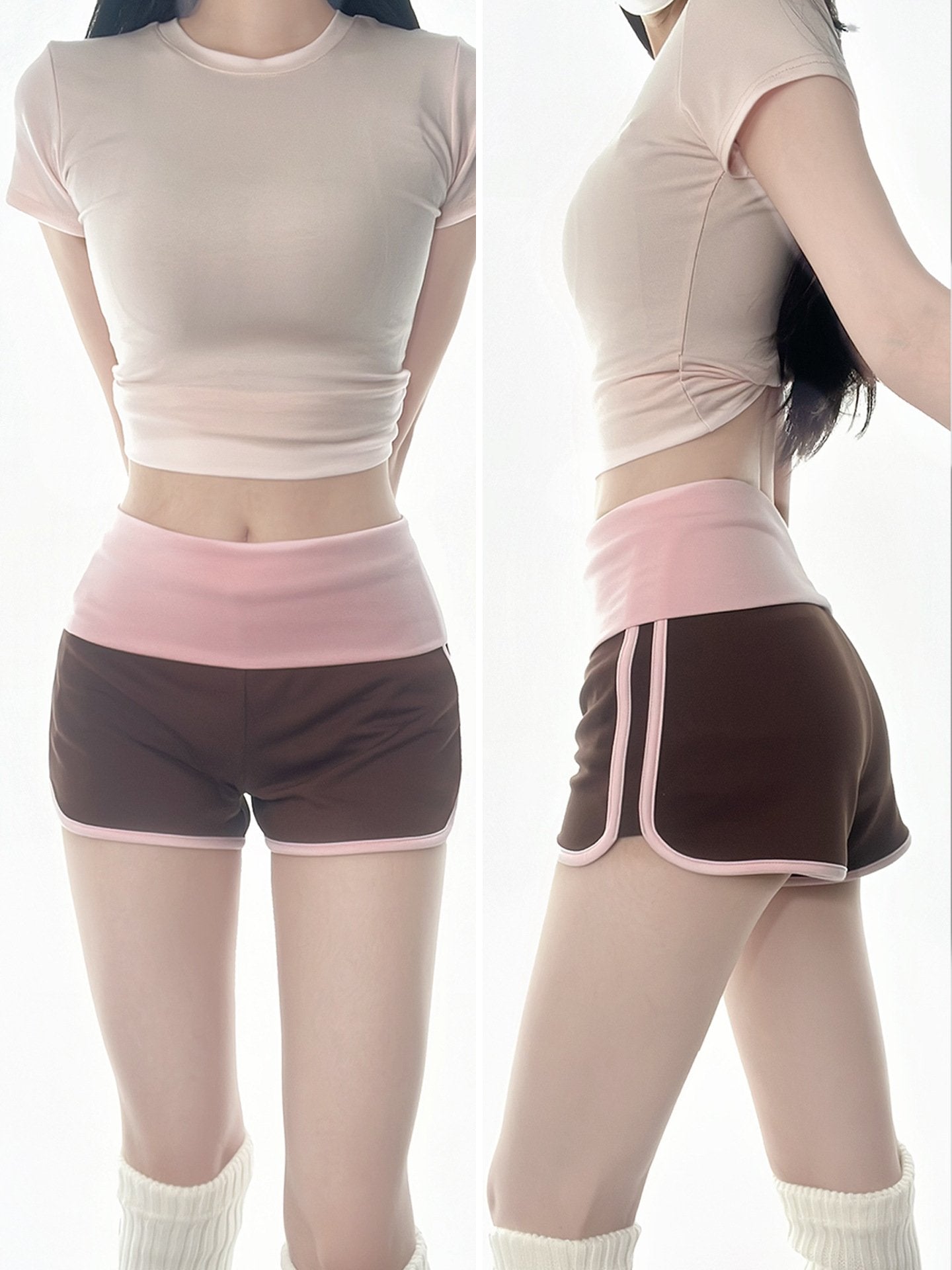 Summer Hot Girl Sports Shorts for Women, Coffee & Pink Color-Blocking