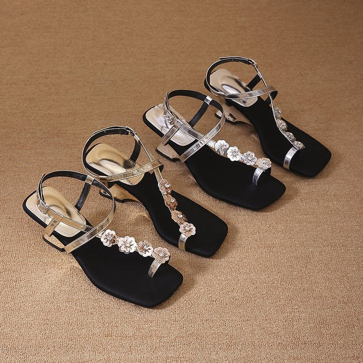 Sultry Sequin Roman Sandals - Buckle Strap Heel Sandals for Women