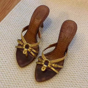 Gold Heeled Summer Pumps with Braided Strap