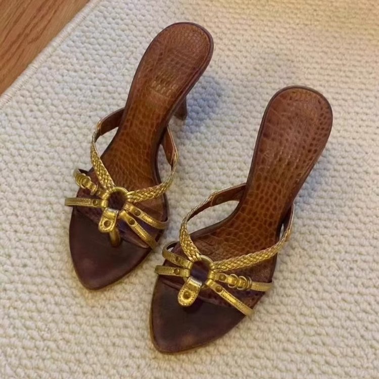 Gold Heeled Summer Pumps with Braided Strap