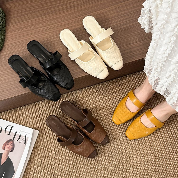 Slope Heel Slippers for Women - Comfortable Woven Outerwear Shoes