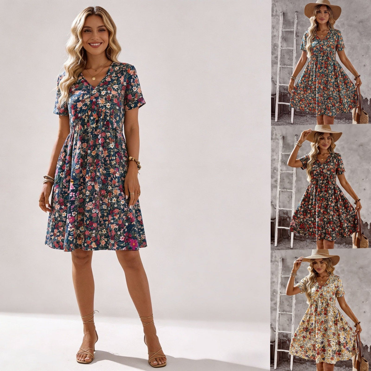 Summer New Arrival Boho Floral Print V-neck Short Sleeve Dress