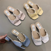 Lace Edge Square Heel Slipper - Exposed Toe & Anti Slip