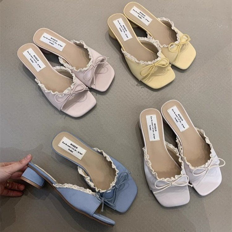 Lace Edge Square Heel Slipper - Exposed Toe & Anti Slip
