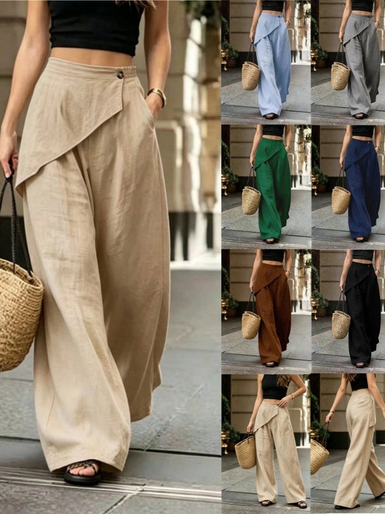 Loose Fit Wide Leg Pants for Women - Solid Colored Linen Style