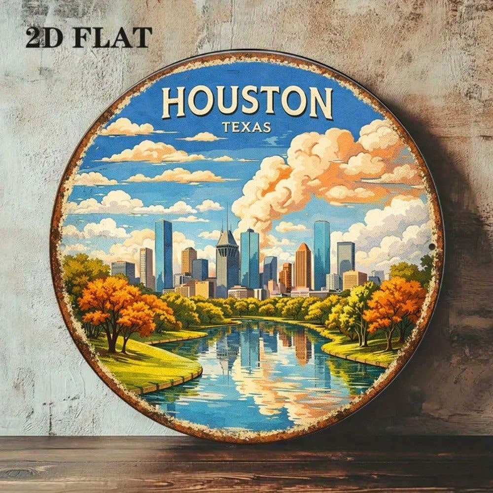 Vintage Houston Texas Cityscape Sign Bar Wall Decor 8x8in