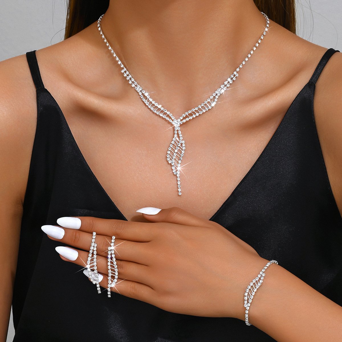DNA Spiral 3Pcs Jewelry Set - Rhodium Plated CZ Necklace Bracelet Ring