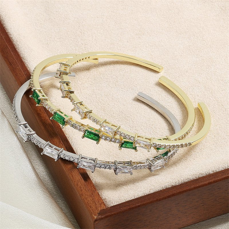 Vintage Green Simulant Stone Cuff Bangle, Gold Plated