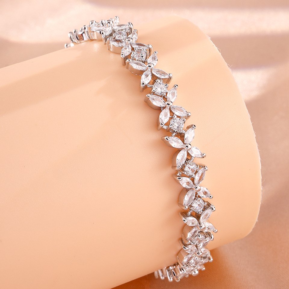 Elegant Marquise CZ Floral Tennis Bracelet, Adjustable Wedding Jewelry