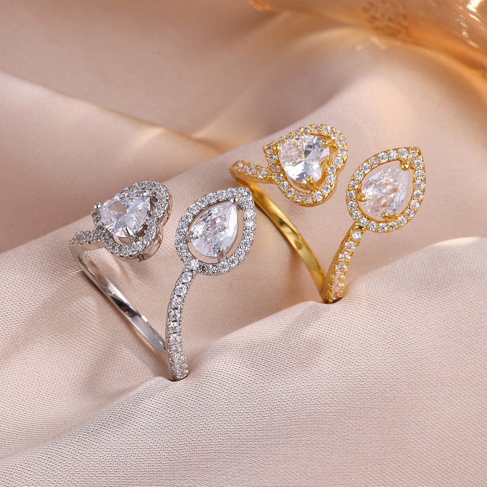 Sparkling Adjustable Ring with CZ Stones, Gold Plated