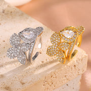 Floral Halo CZ Ring, Adjustable Statement Finger Jewelry