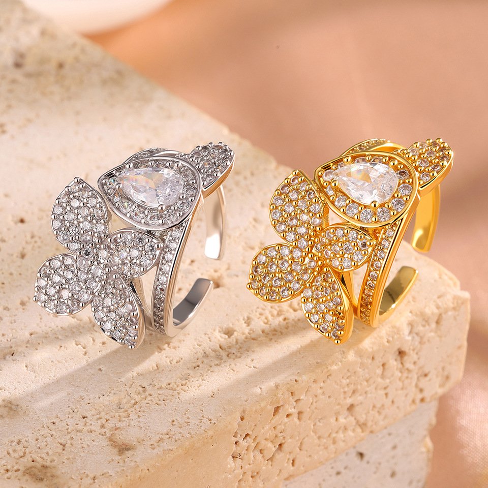 Floral Halo CZ Ring, Adjustable Statement Finger Jewelry