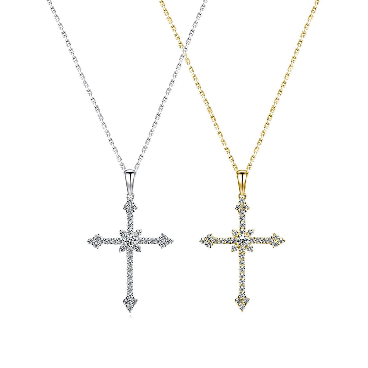 Pave Cross Moissanite Necklace, 925 Sterling Silver Dual Tone, Adjustable Length 40-45cm