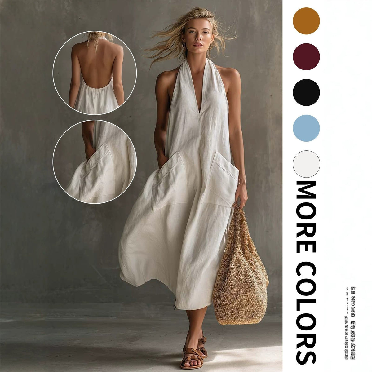 Women's Summer New Halter V-neck Backless Dress with Pockets - Sexy & Fashionable