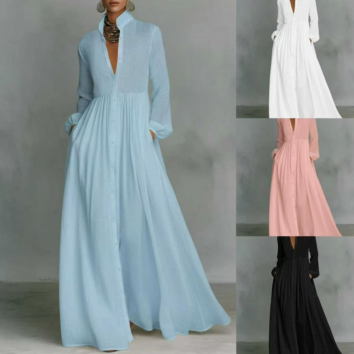 French Textured Autumn Winter New Arrival Dress Stand Lantern Sleeves, Cinched Waist, Full Floor-length Shirt Dress