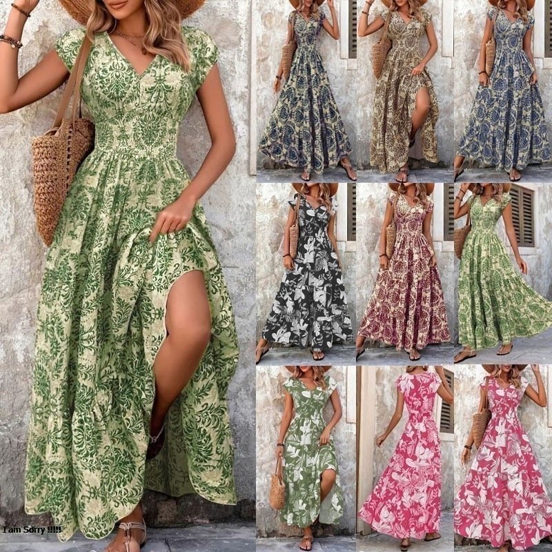 New Summer Boho Maxi Dress Vintage Floral Print, V-neck, Short Sleeve, Elegant & Fashionable