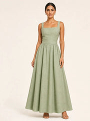 Square Wide Strap Sleeveless High Waist Flared Maxi Dress
