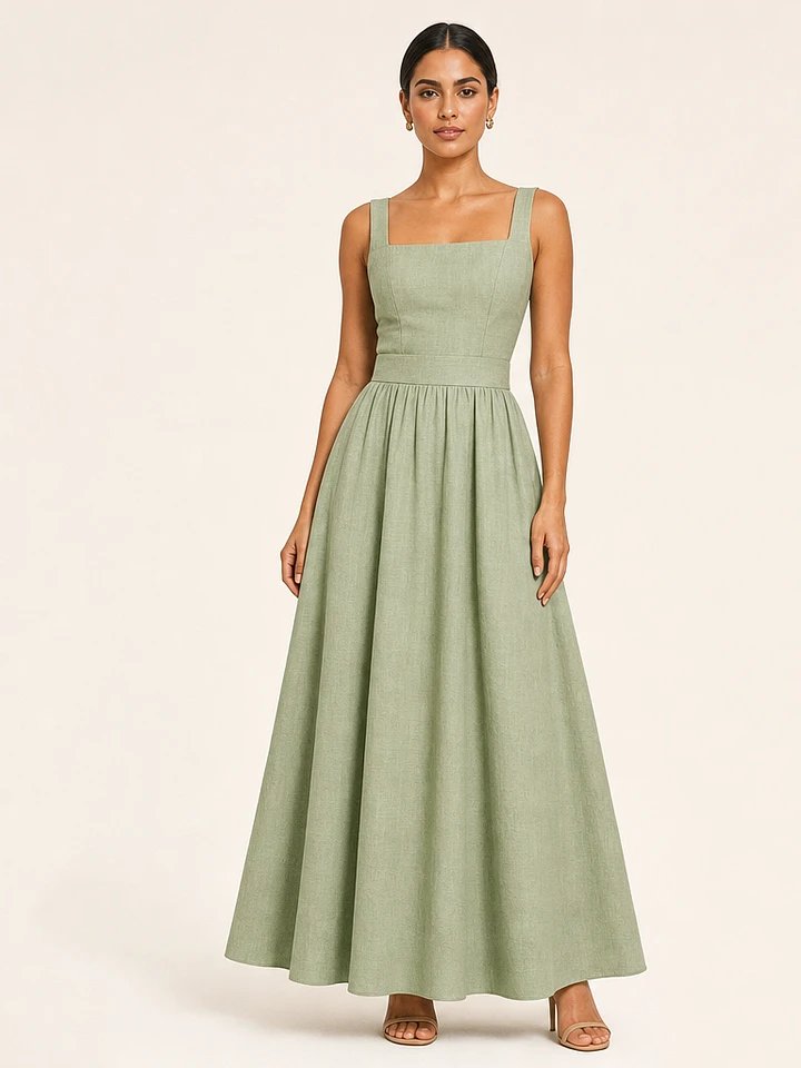 Square Wide Strap Sleeveless High Waist Flared Maxi Dress