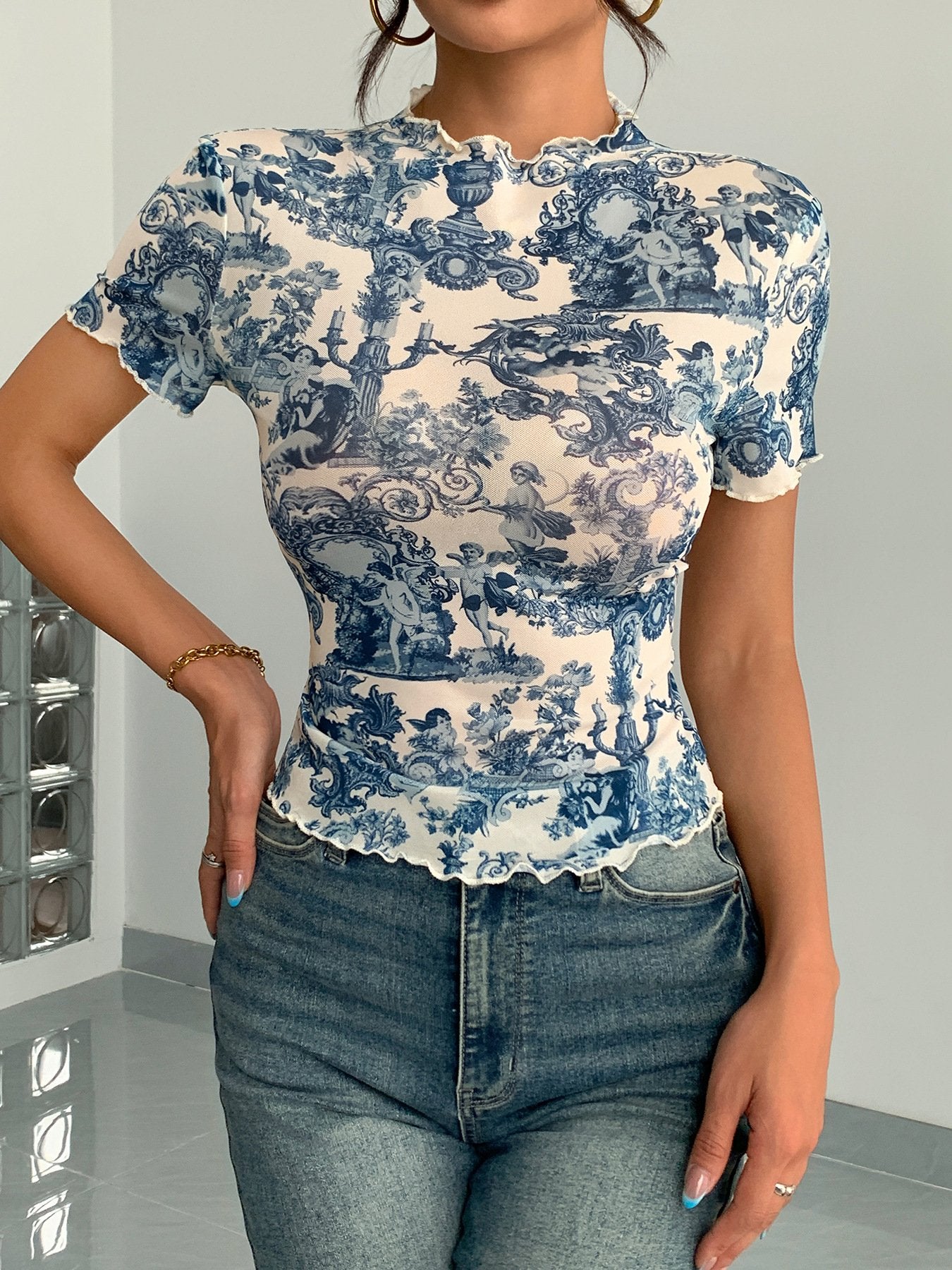 Elegant Mesh Printed Ruffle T-Shirt for Women - Slimming Top