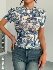 Elegant Mesh Printed Ruffle T-Shirt for Women - Slimming Top