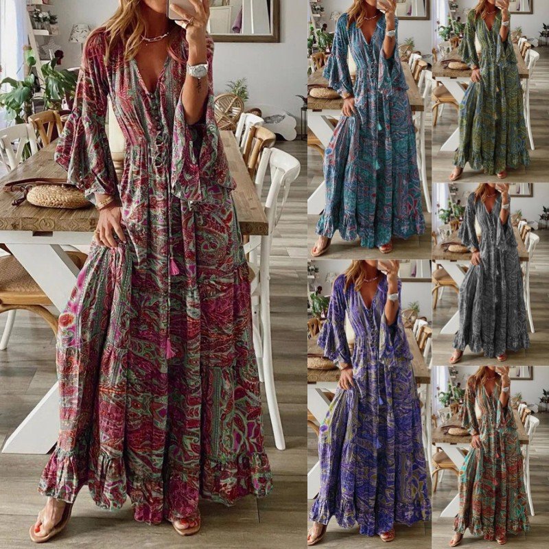2023 European and American Cross-border Bohemian Style Trumpet Sleeve Printed V Neck High Waist Holiday Dress Floral Women's Long Skirt