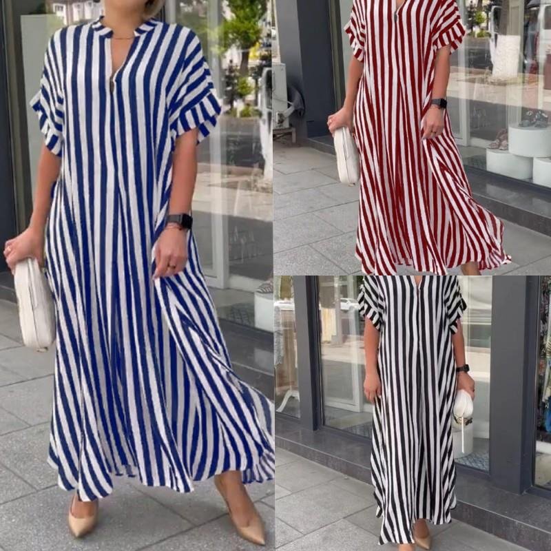 New European and American Cross-border Women's Clothing Amazon Independent Station Fashion Side Split Striped Loose Casual Short-sleeved Dress